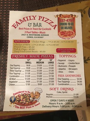 Family Pizza & Cocktail Lounge menu 1